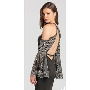 Ellie Wilde Mon Cheri Prom Dress 12 Black Silver Embroidered Bell Sleeve Gown